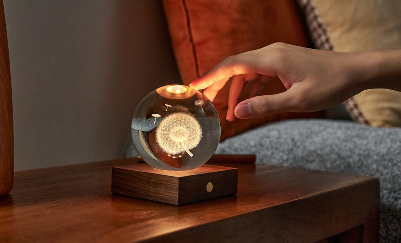 Amber Crystal 3D Light with Walnut Base