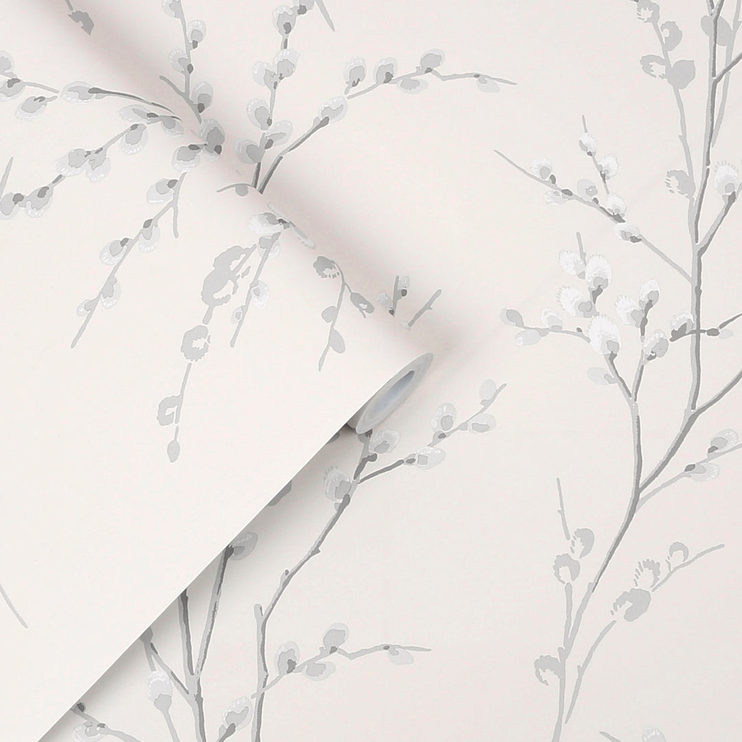 Pussy Willow Off White / Steel Wallpaper