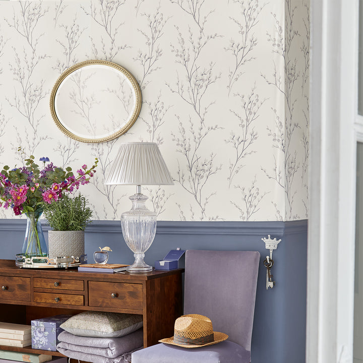 Pussy Willow Off White / Steel Wallpaper