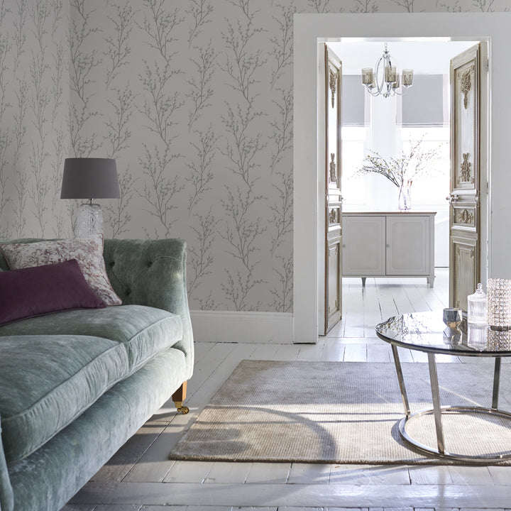 Pussy Willow Off White / Steel Wallpaper