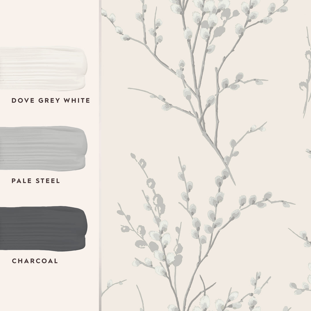 Pussy Willow Off White / Steel Wallpaper