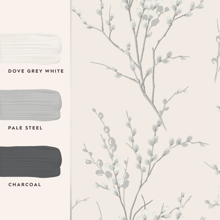 Pussy Willow Off White / Steel Wallpaper