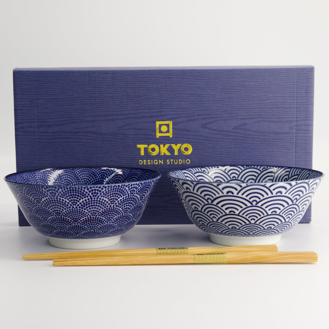 Nippon Blue Tayo Bowl Gift Set of 2 with Chopsticks