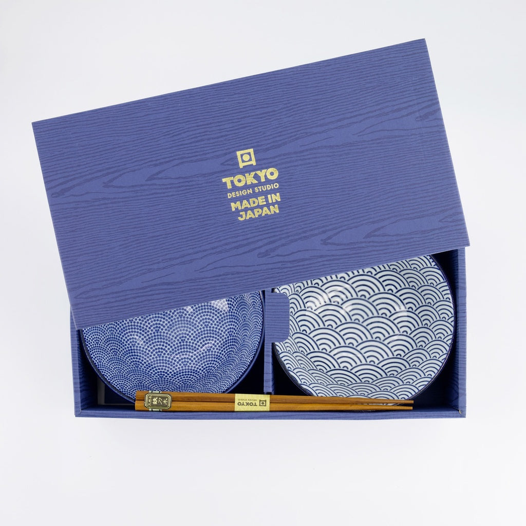 Nippon Blue Tayo Bowl Gift Set of 2 with Chopsticks