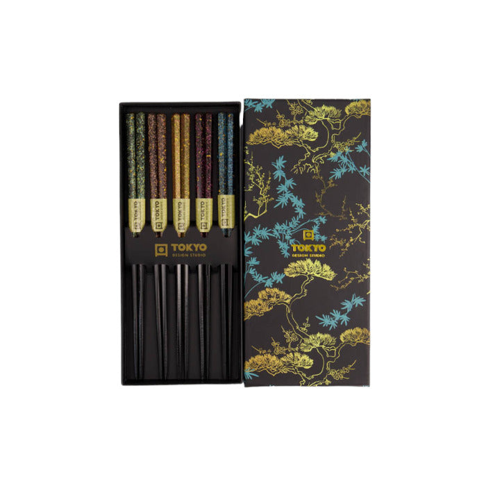 Wooden Chopstick Set of 5 - Black & Blue Gift Box Set