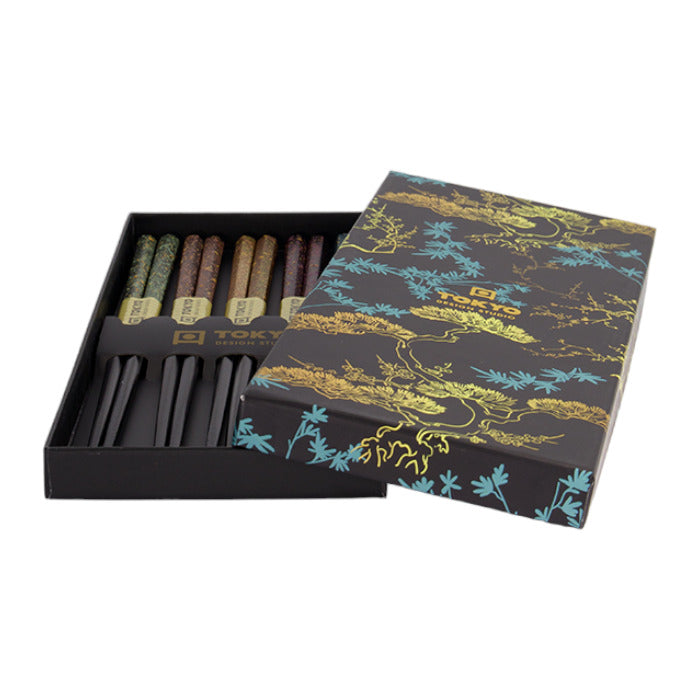 Wooden Chopstick Set of 5 - Black & Blue Gift Box Set