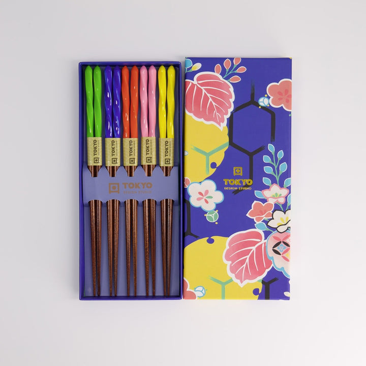 Wooden Chopstick Set of 5 - Blue Leaves Gift Box