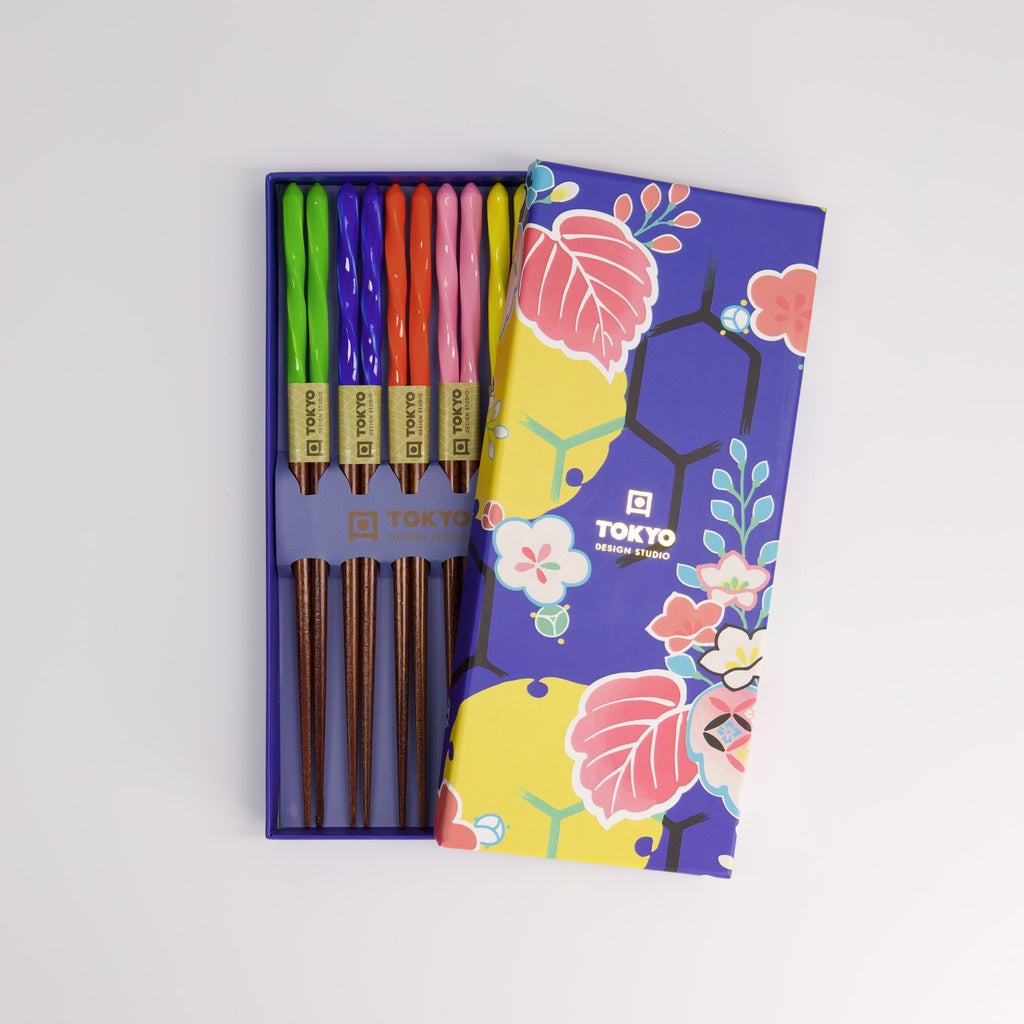 Wooden Chopstick Set of 5 - Blue Leaves Gift Box