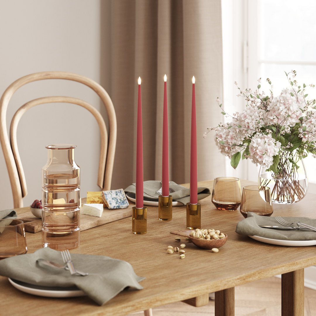 Flameless LED Bordeaux Set of 2 Shiny Tapered Dinner Candles