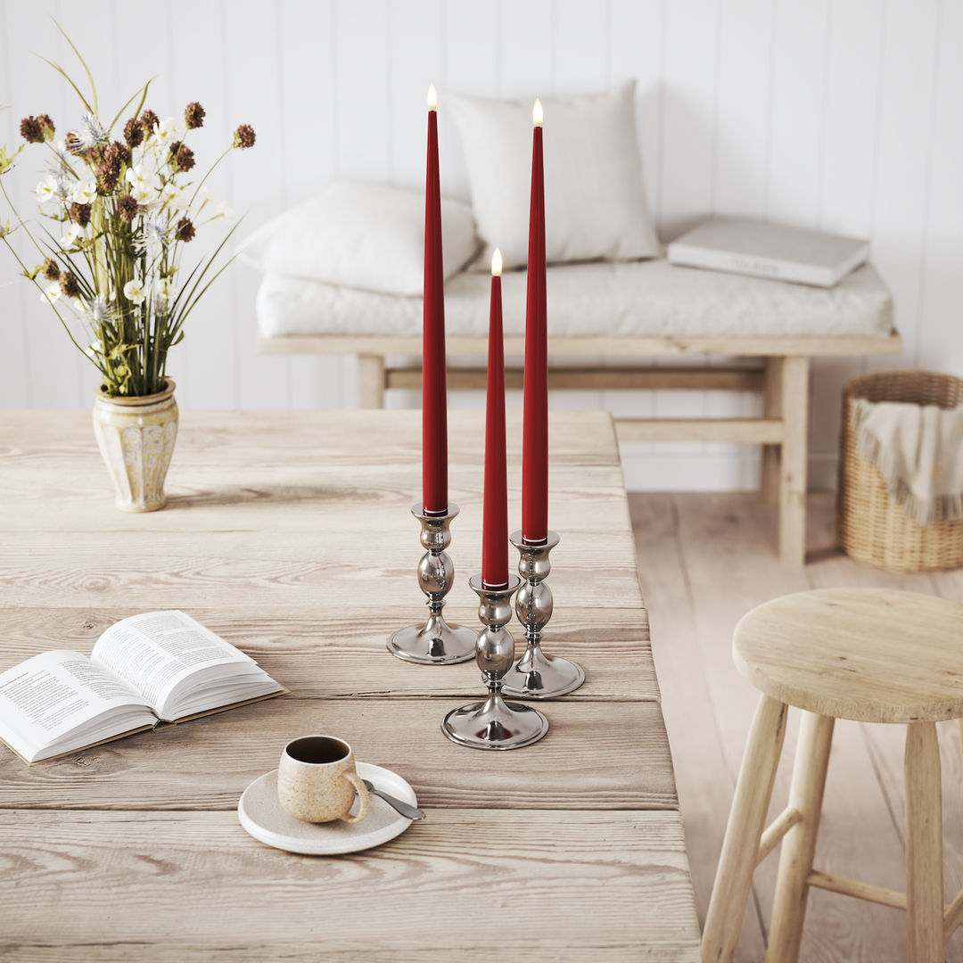 Flameless LED Bordeaux Set of 2 Shiny Tapered Dinner Candles