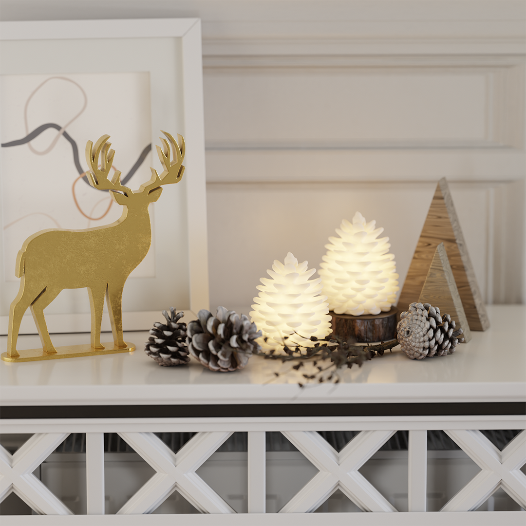 Set of 2 Pine Cones Real Wax Light-Up Decorations with Soft Internal Glow