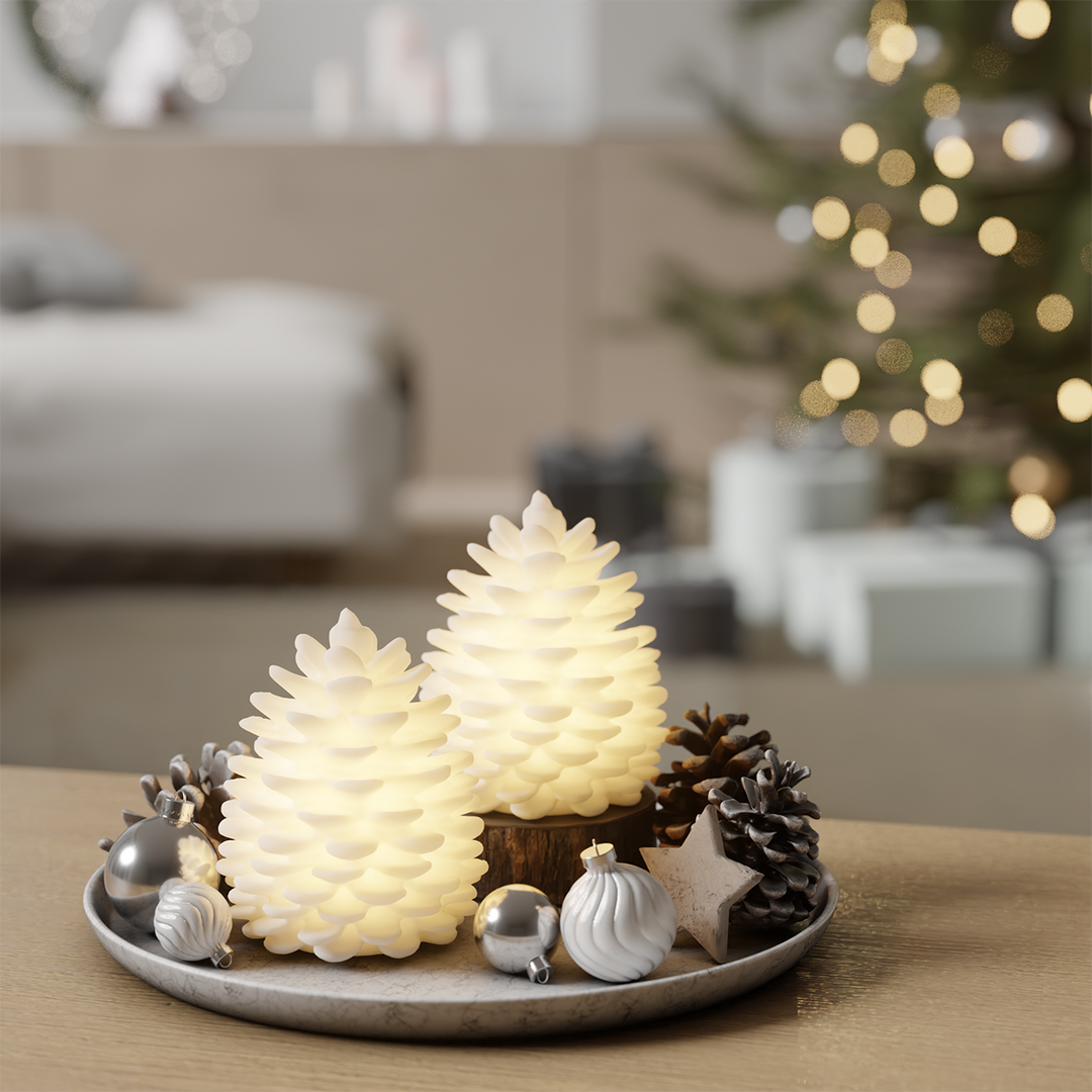 Set of 2 Pine Cones Real Wax Light-Up Decorations with Soft Internal Glow
