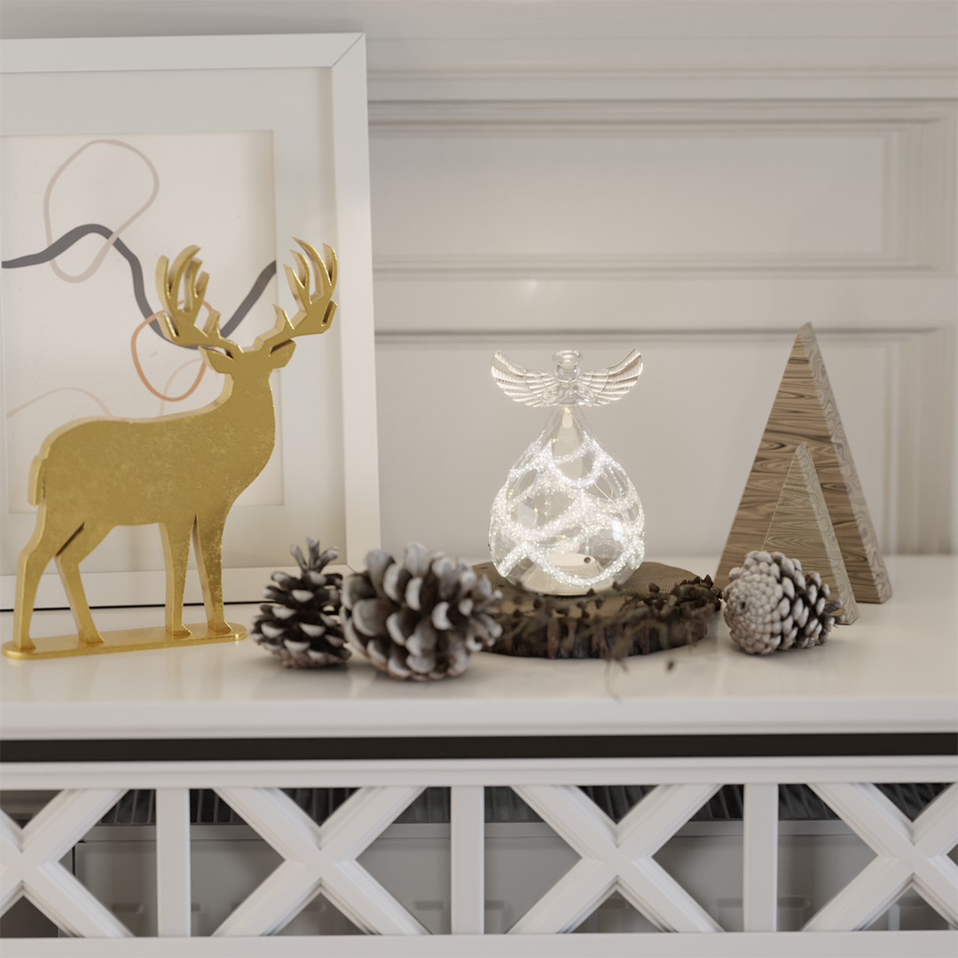 LED Glass Angel Light-Up Festive Ornament with Warm Micro LED Lights