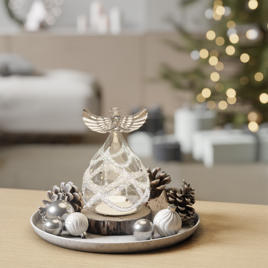 LED Glass Angel Light-Up Festive Ornament with Warm Micro LED Lights