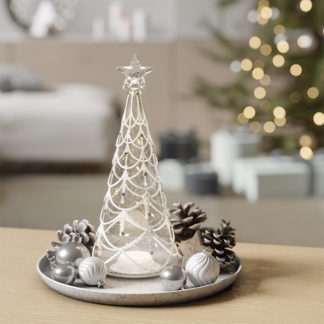 Glass Christmas Tree Light-Up Ornament with Warm Micro LED Lights