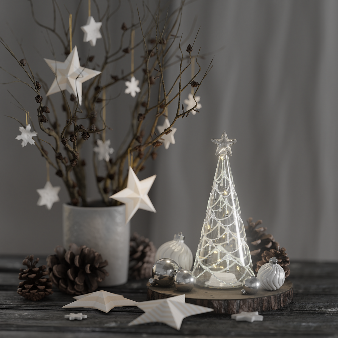 Glass Christmas Tree Light-Up Ornament with Warm Micro LED Lights