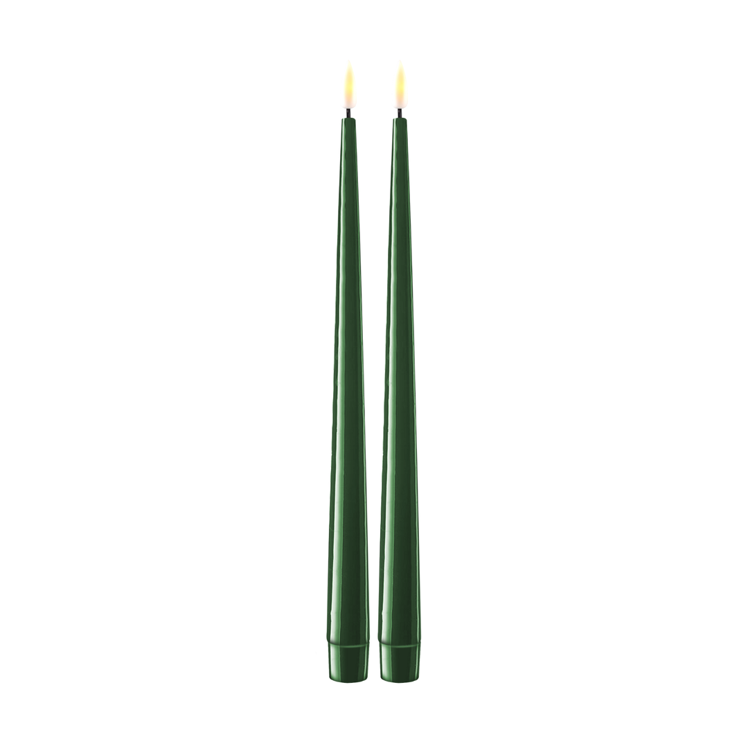 Flameless LED Dark Green Set of 2 Shiny Tapered Dinner Candles