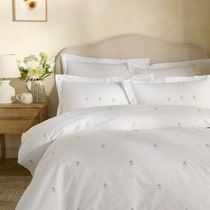 Embroidered Sunflower White Duvet Set