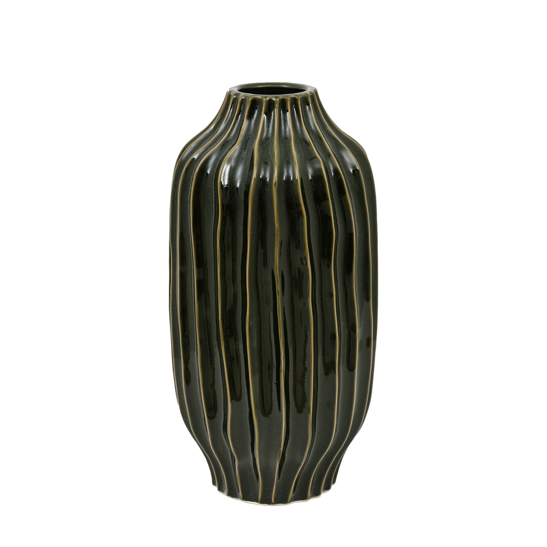 Organic Ribbed Olive Ceramic Vase - Large