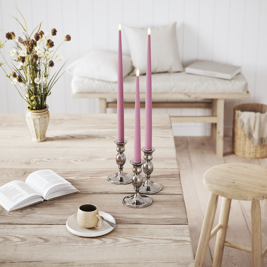 Flameless LED Light Purple Set of 2 Shiny Tapered Dinner Candles