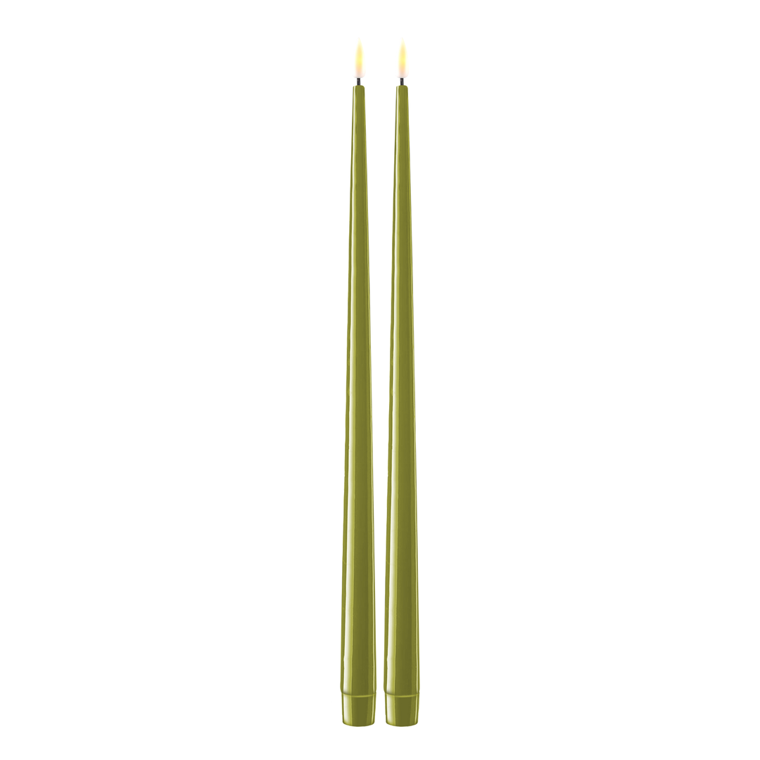 Flameless LED Olive Green Set of 2 Shiny Tapered Dinner Candles