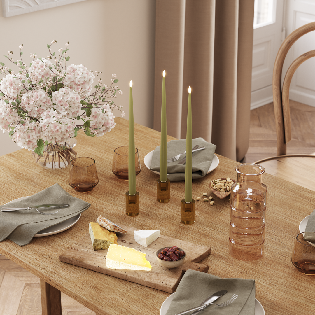 Flameless LED Olive Green Set of 2 Shiny Tapered Dinner Candles