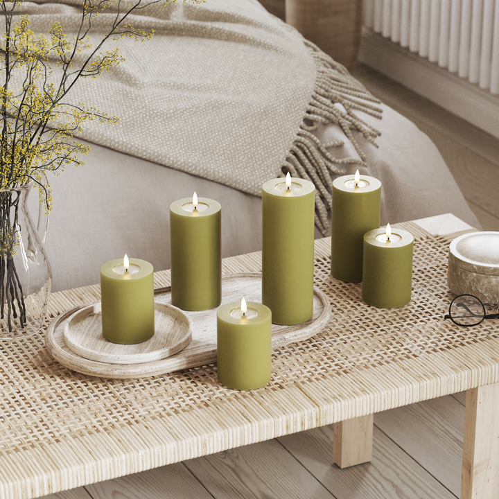 Flameless LED Olive Green Wax Pillar Candle