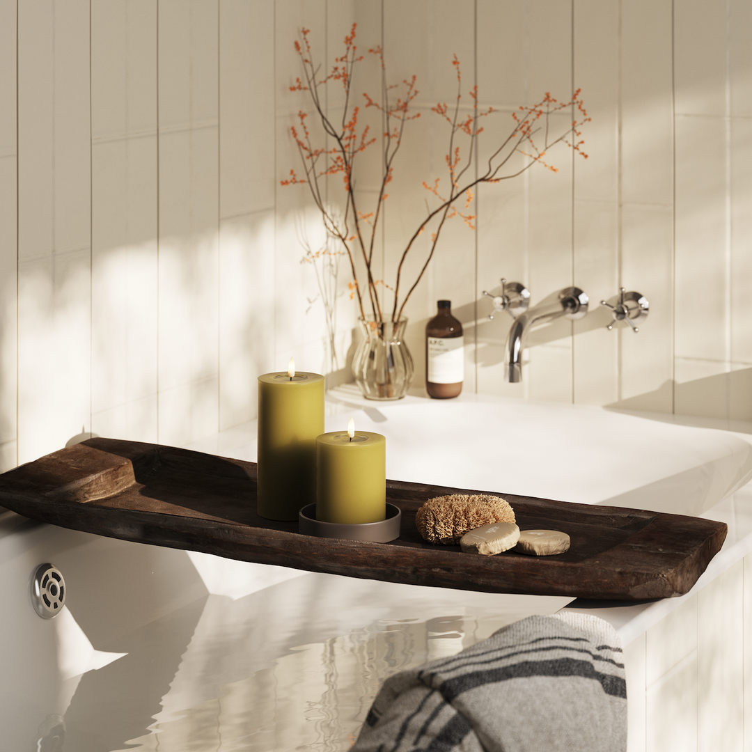 Flameless LED Olive Green Wax Pillar Candle