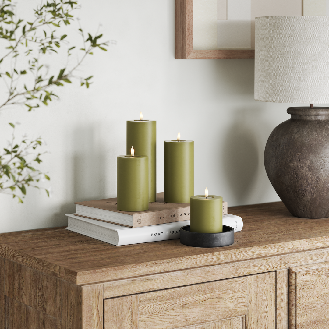 Flameless LED Olive Green Wax Pillar Candle