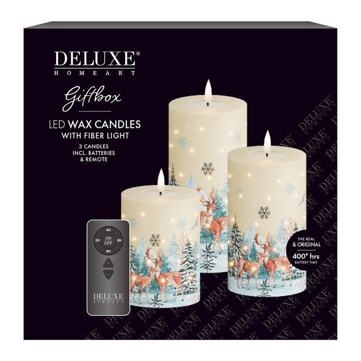 Set of 3 Cream LED Christmas Candles with Fibre Optic Lights & Remote Control