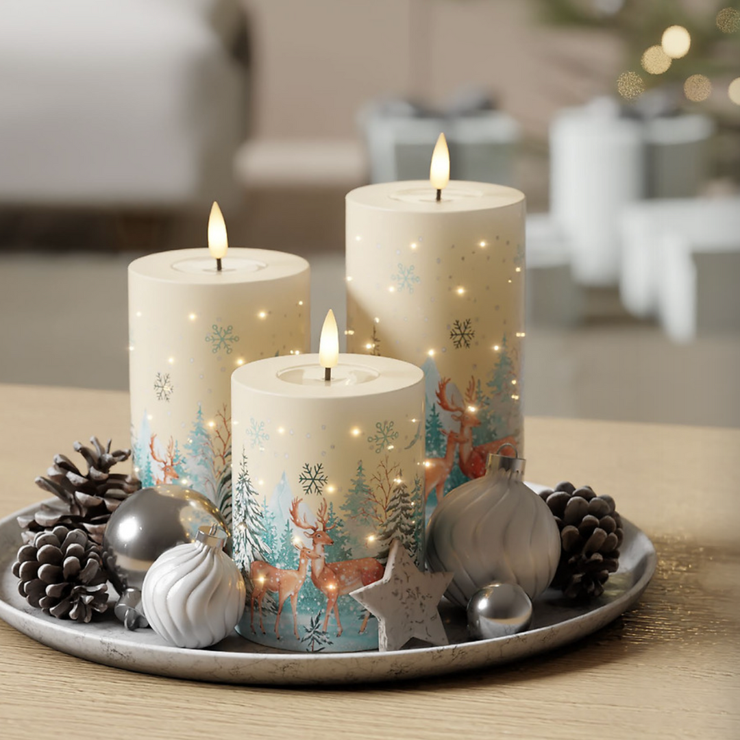 Set of 3 Cream LED Christmas Candles with Fibre Optic Lights & Remote Control