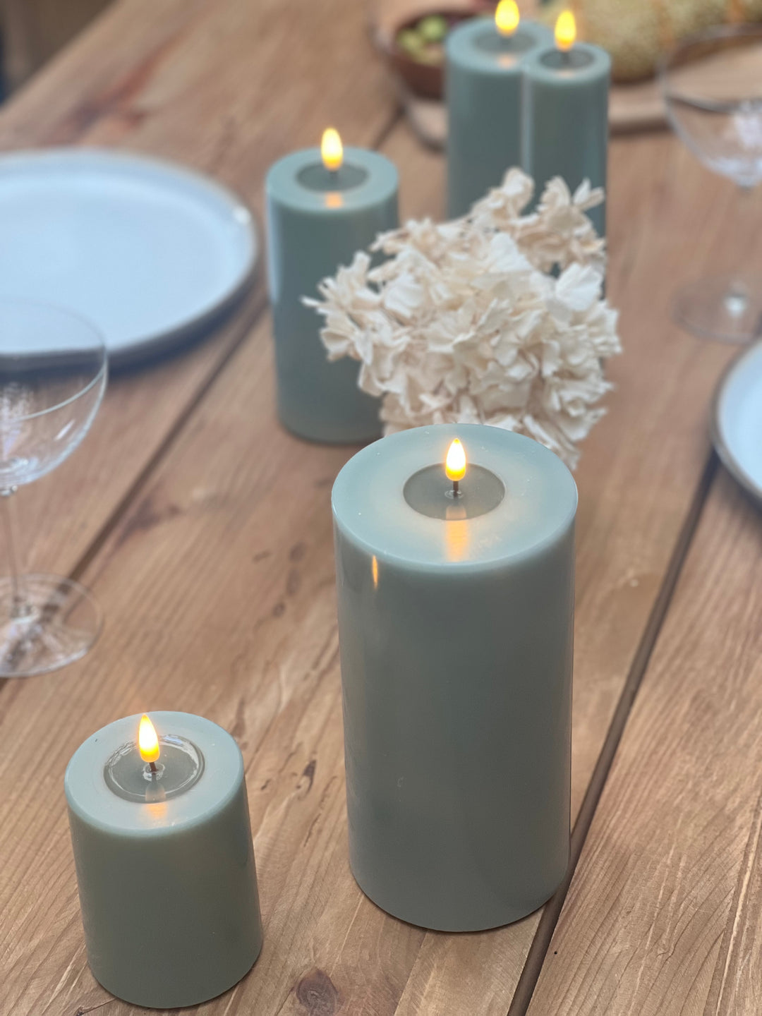 Flameless LED Sage Green Wax Pillar Candle