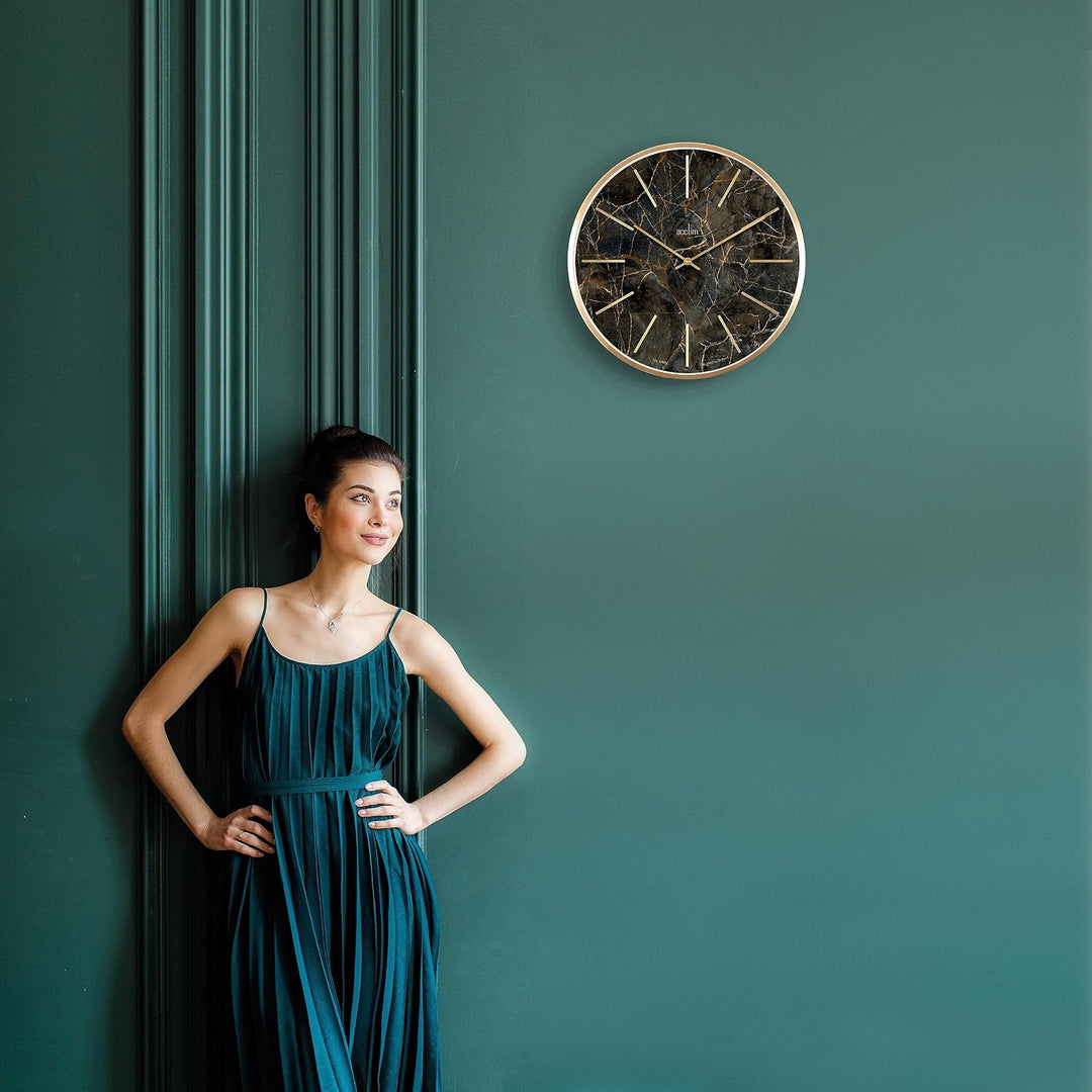 Luxe Dark Marble & Gold Wall Clock