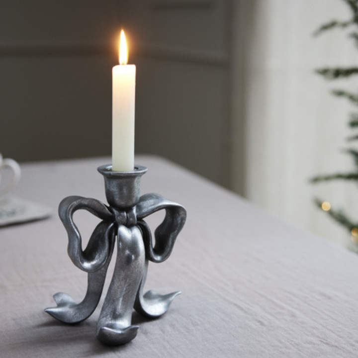 Serafina Bow Candlestick - Antique Silver