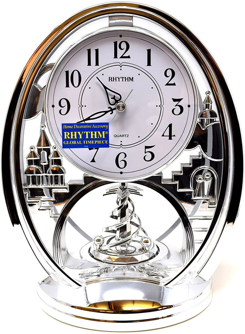 Silver Oval Contemporary Mantel Clock with Arabic Dial and Rotating Shooting Star Pendulum